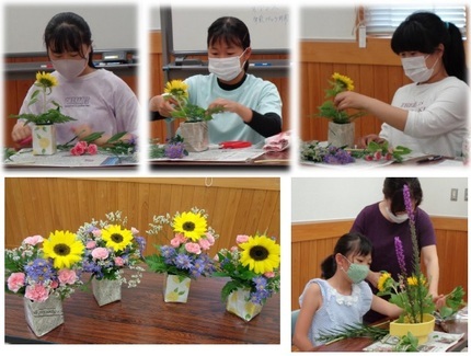 平城公民館こども生花教室で花を生ける子どもたちの画像
