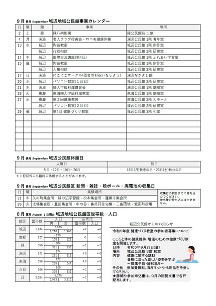 城辺公民館だより（館報 城の辺）令和5年9月号ウラの画像