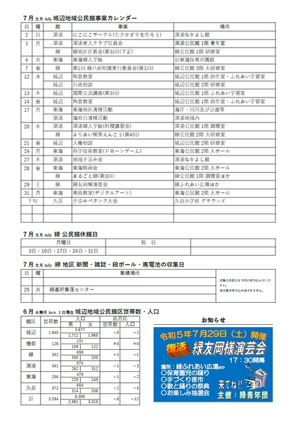 緑公民館だより（館報 緑）令和5年7月号ウラの画像