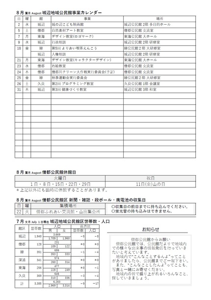 僧都公民館だより（館報　僧都）令和5年8月号ウラの画像