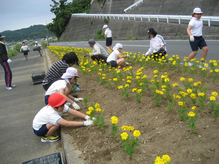 小学生と花植え活動の写真の画像