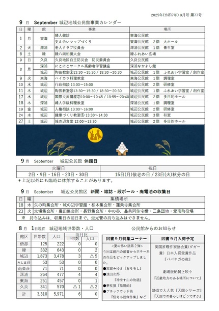 城辺公民館だより令和7年9月号ウラの画像